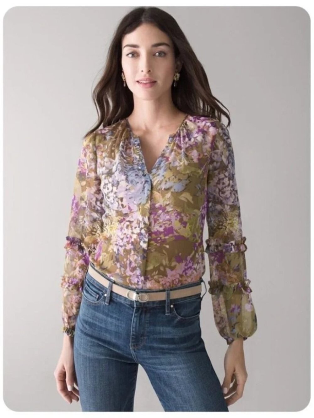 WHBM Watercolor Ruffle Sleeve V-Neck Blouse Olive Floral with Purple Accents XL